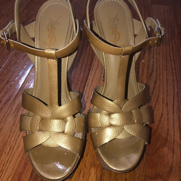 Yves Saint Laurent Shoes - YVESSAINTLAURENT Brown/Gold Tribute Platform Heels